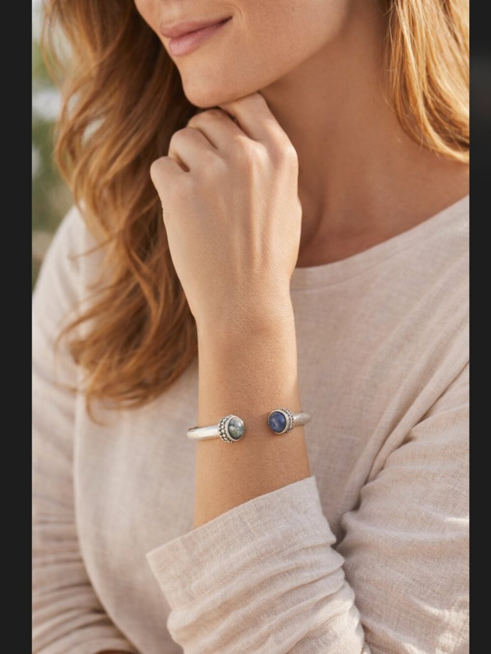 J Jill Silver Cuff Bracelet Blue Stone Cabochon Hinged Artisan Boho Coastal NWT